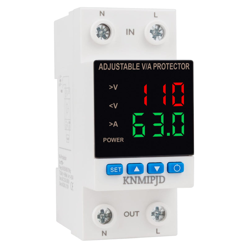 Adjustable Voltage Protector AC/DC 110V 63Amp Smart Breaker Adjustable Over Under Voltage Protection Double LED Display Voltage Current Intelligent Relays Reset Prote