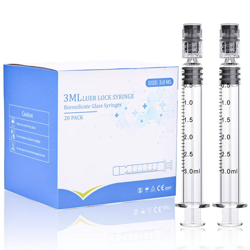 20 Pack 3ml Borosilicate Glass Syringe 3cc Luer Lock Syringe Glass Lab Syringes - Use for Liquids, Glue, Oils, Ink, Lube, Arts Crafts,and Pet Care 20.0