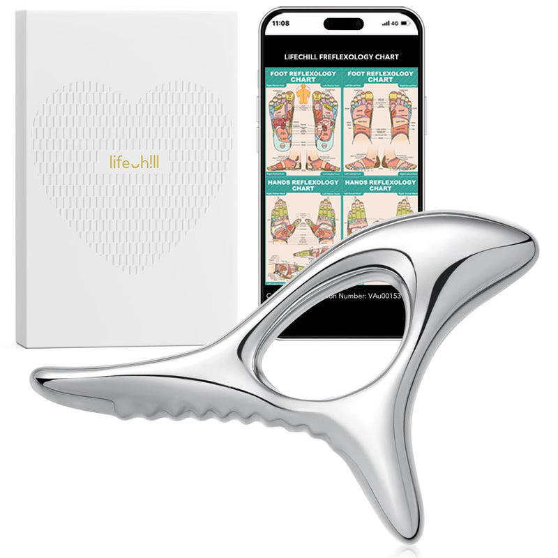 lifechill Trigger Point Massage Tool for Deep Tissue, Muscle Scraper Tool for Fascia Release, Metal Body Gua Sha Tool, Lymphatic Drainage Massager, Thumb Saver,Scar Tissue Massage,Acupressure Tool Silver