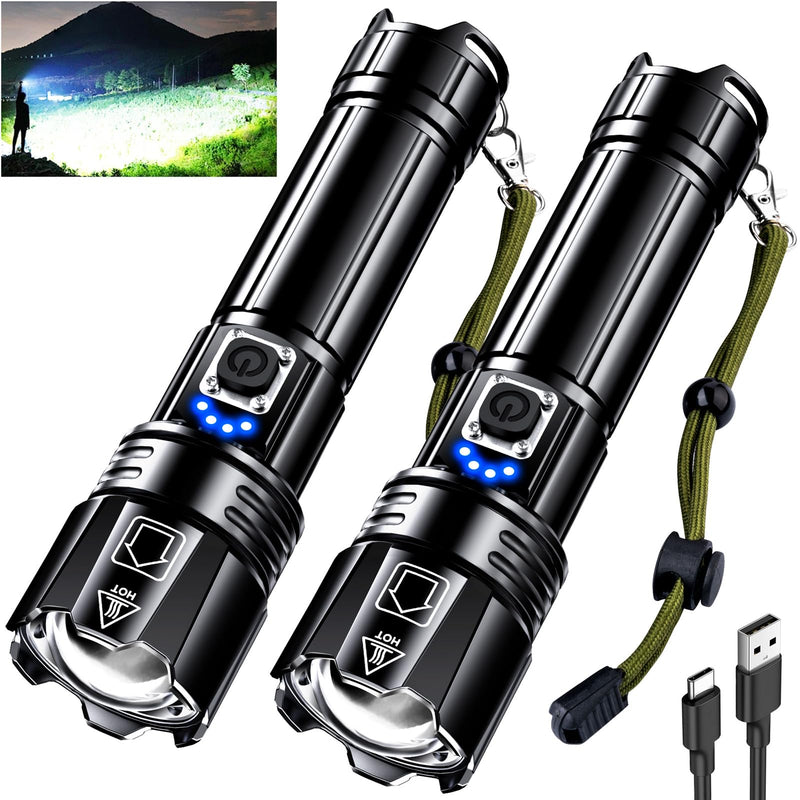 AKNEAR Rechargeable LED Flashlight 99000 High Lumens, Super Bright Flashlights with Zoomable & USB C Rechargeable & 5 Light Mode & IPX-7 Waterproof, Powerful Flash Light for Home, Hiking, Camping 2 Pack Standard Display