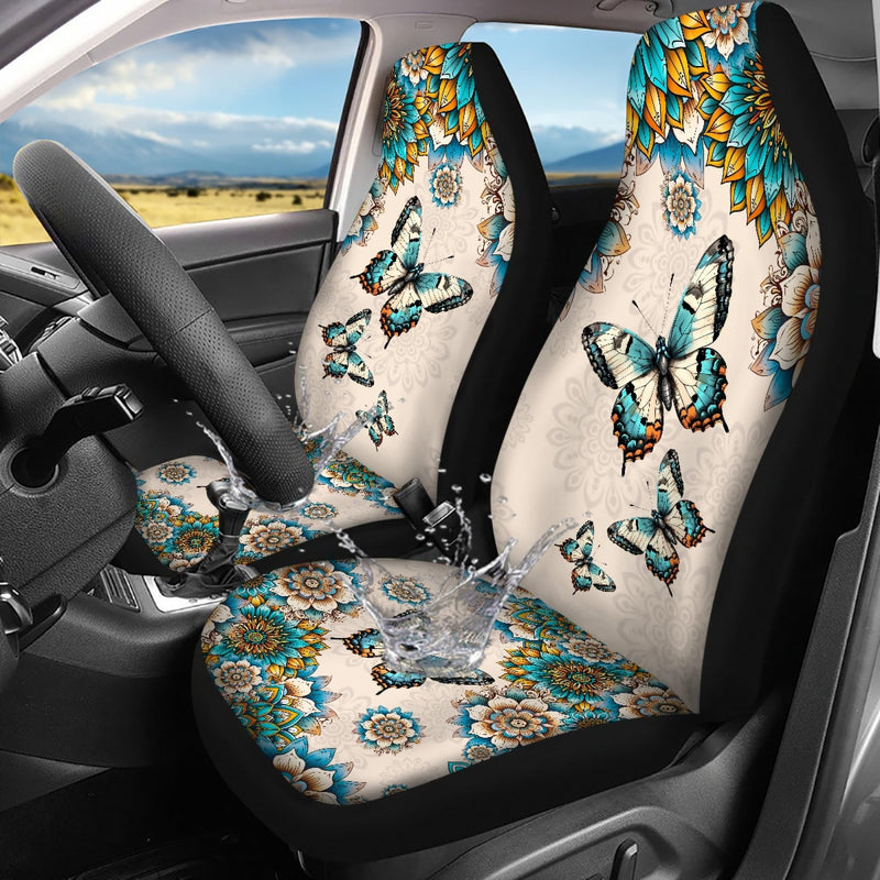 Mandala Floral Butterfly Car Seat Covers, Universal Breathable Washable Car Seat Cushion Cover for Front of 2 Seats, Fit for Most Vehicle Mandala Floral Butterfly