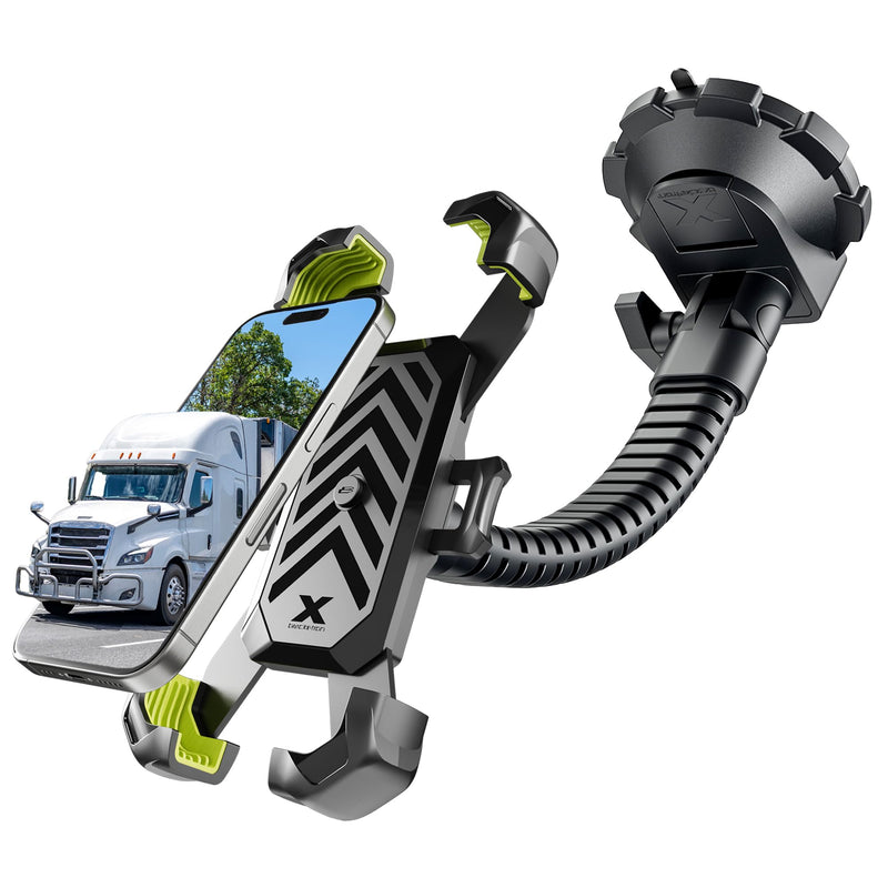 Bracketron X-Lock Heavy Duty Car Phone Holder Truck Dash Windshield Mount | 4-point XGrip security, 360° flexible gooseneck arm, heavy-duty TemperBond suction base, 1-click auto-lock and release