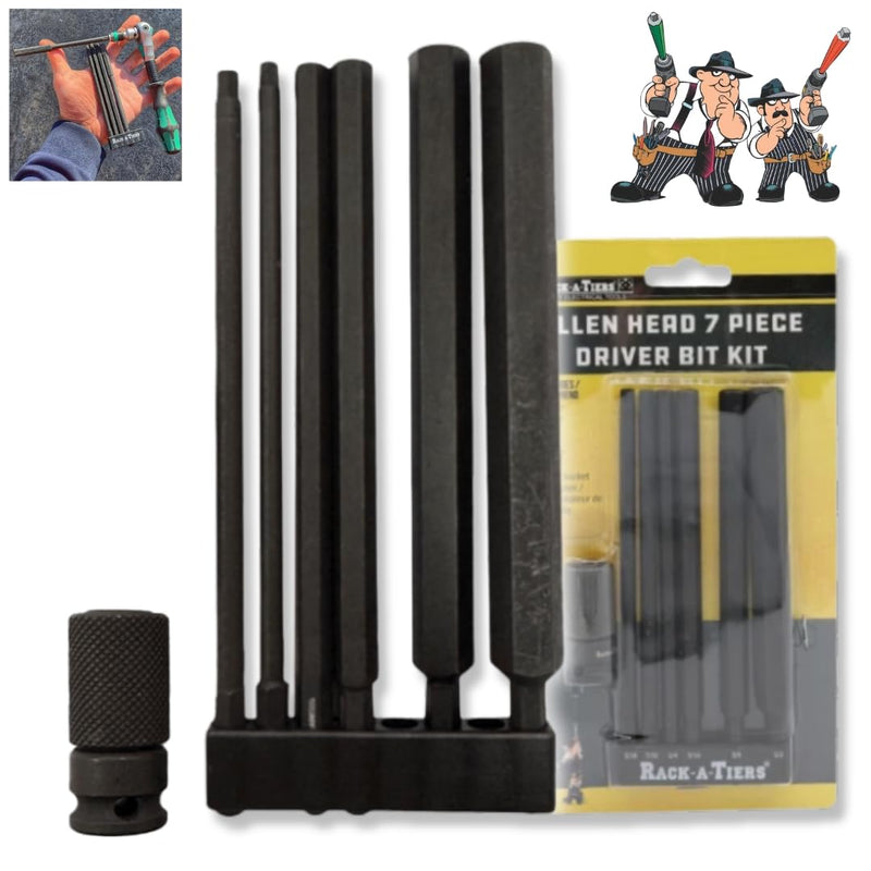 Rack-A-Tiers Allen Head Driver Bit Kit - Impact Driver Rated, Allen Bits for Lug Termination, Electrical Drill Bits, Quick-Change Allen Bits, 6" Length, 1/4″ Hex Shank (72607)