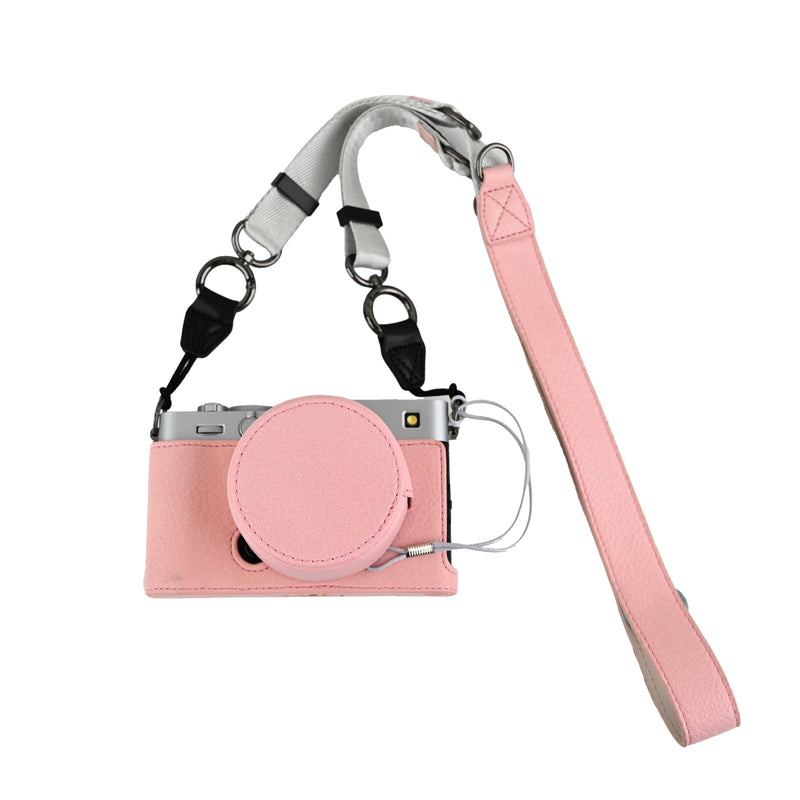 X-E5 Case, Handmade PU Leather Half Camera Case Bag Cover Bottom Opening Version for Fujifilm X-E5 XE5 With Neck Strap Lens Cover (Pink) Pink