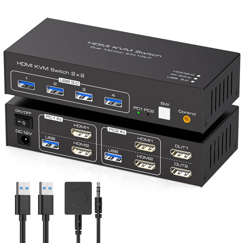 HDMI KVM Switch Dual Monitor 2 Computers Support 4K@60Hz USB 3.0 KVM Switches Share Dual Monitors and 4 USB 3.0 Ports Support Extended/Copy Mode with DC 12V Adapter&Wired Controller HDMI 2 PC 2M 4K Black