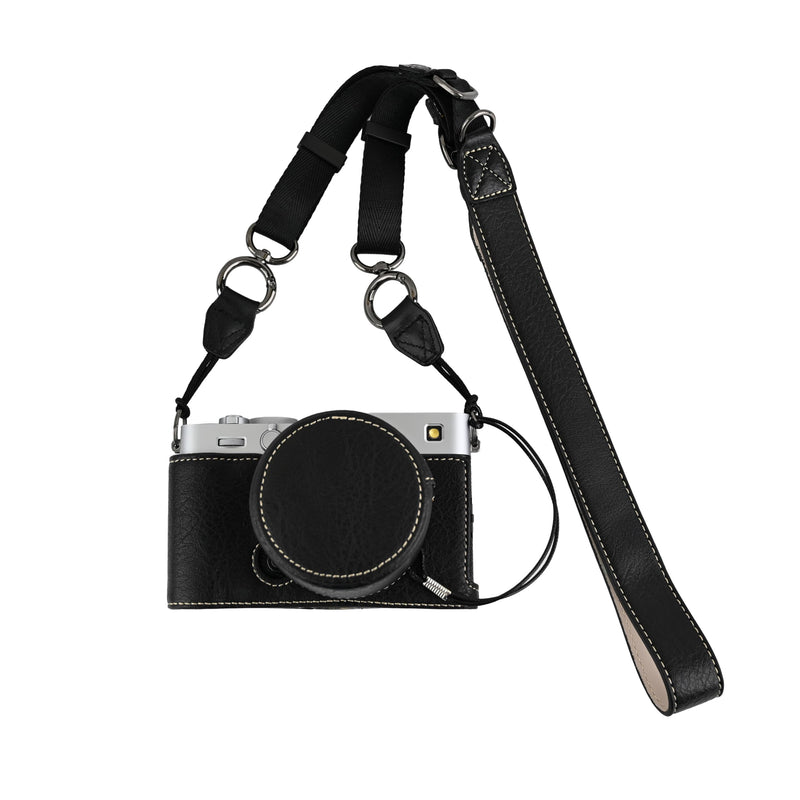 X-E5 Case, Handmade PU Leather Half Camera Case Bag Cover Bottom Opening Version for Fujifilm X-E5 XE5 With Neck Strap Lens Cover (Black) Black