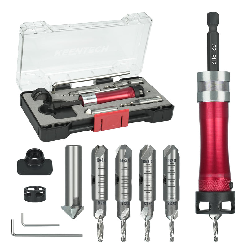 KEENTECH 10-in-1 Countersink Drill Bit Set with A Screwdriver Bit, 2.8/3.2/3.5/4.0 mm Drill Dia x 8/10 mm Countersink Dia, M2 HSS Countersink Bits for #4-#10 Screws, Chamfer Tool Includ Countersink Bits with Ph Bit