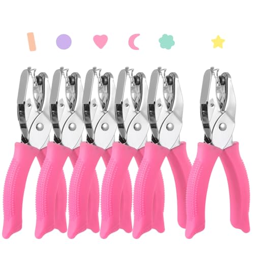 6 Pcs Handheld Craft Hole Punchers, Metal Paper Punchers, 1/4" Single-Hole Tag Punchers, Includes Rectangle, Star, Moon, Circle, Flower, Heart Shapes, Ideal for Binder & Scrapbooking