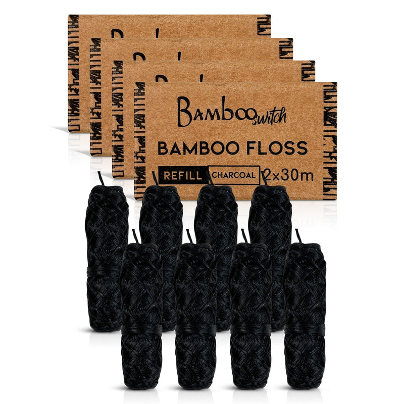 Bamboo Charcoal Dental Floss Refills (8 Spools), Eco-Friendly, Mint Bamboo Fiber, Vegan, Plastic-Free Charcoal / 8 Spools (787 Ft)