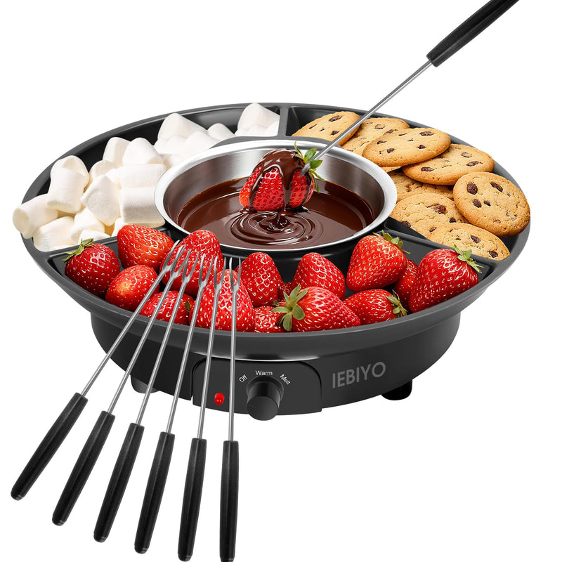 Chocolate Melting Pot Electric Chocolate Fondue Pot Set 3-Section Food Trays with 6pcs Dipping Forks Perfect for Chocolate Cheese Dessert Housewarming Christmas Party Gifts (Black) Black