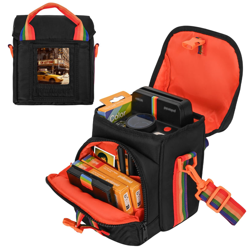 Camera Case for Polaroid Now 3rd/2nd Gen with Photo Display Window | Instant Camera Sling Bag with Clear Display Window, Quilted Front Pocket, 8mm Padding, Top Handle and Adjustable Strap, Black