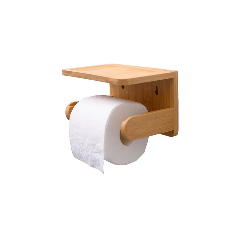 Toilet Paper Holder with Phone Shelf Bamboo Toilet Paper Storage Wall-Mounted, No-Drill & Drillable Space Saver Tissue Roll Rack for Bathroom, Kitchen, Home Décor(Bamboo)