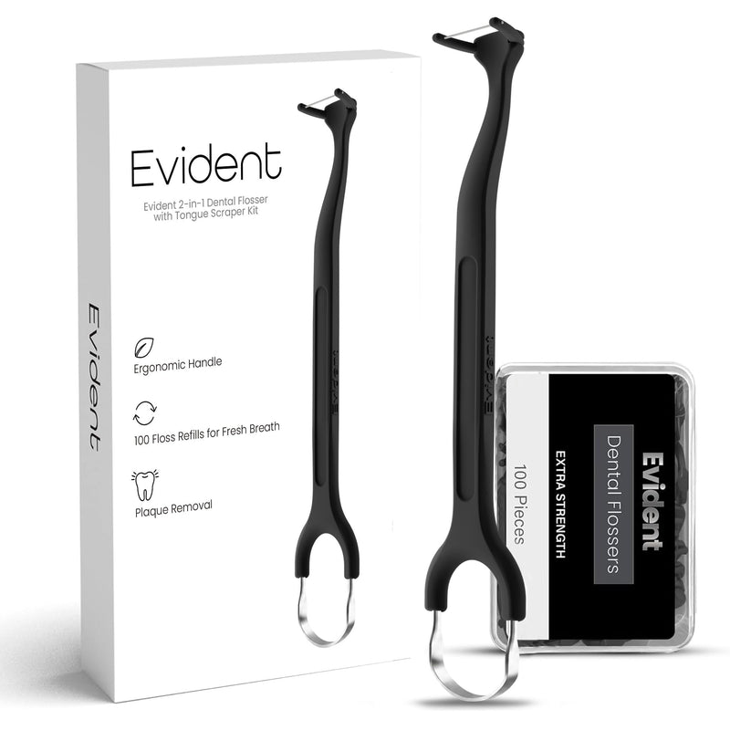 Evident Dental Flosser with Tongue Scraper – 2-in-1 Dental Flosser Kit with 100 Floss Refills – Long Ergonomic Handle for Plaque Removal & Fresh Breath Black 1 Black Handle + 100 Refills