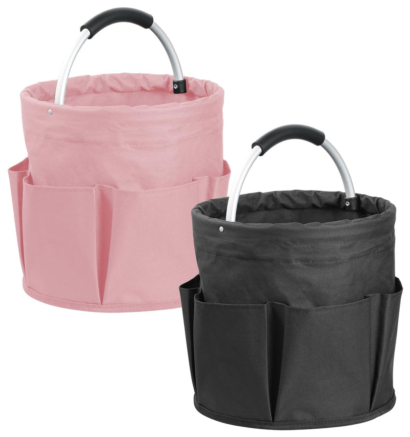 2Pack 17L Foldable Cleaning Supply Caddy for Family, Portable Shower Caddy with Handle and Pockets, Garden Tool Bag in 600D Oxford Fabric, Large Storage Basket for Dorm, Travel, Black + Pink 2PCS