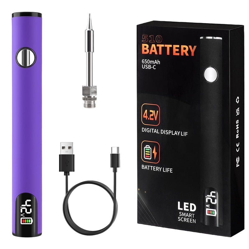 510 Thread Battery Cart Pen, W/Welding Pen Portable Electric Soldering Iron Kit, Adjustable Voltage USB Rechargeable, with 650mAh Battery for Home Appliance Electronics Repair Purple