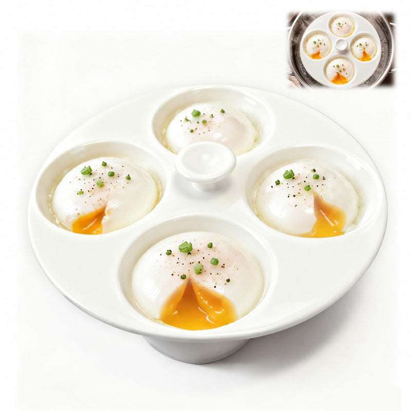 Ceramic Egg Poacher, 4-Cup Egg Poacher Pan Nonstick for Perfect Poached Eggs, Poached Egg Cooker Compatible with Most Pots, Stovetop Cooking, Easy-Clean Egg Cooker Poacher for Perfect Poached Eggs