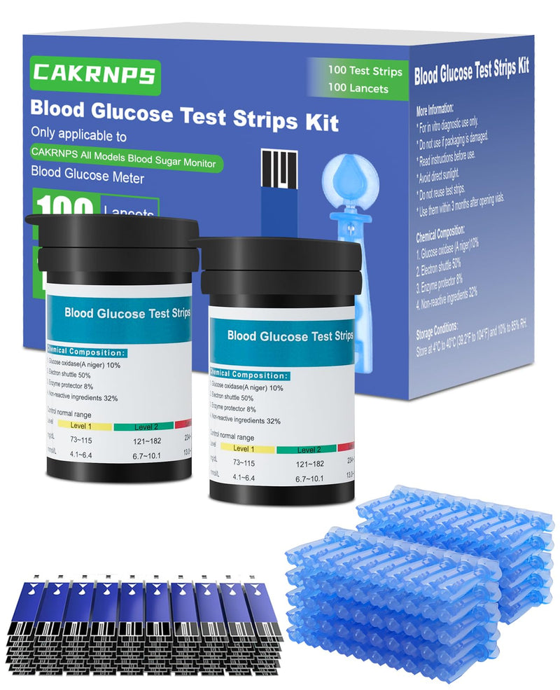 Blood Glucose Test Strips, 100 Count Blood Sugar Test Strips and 100 lancets for Diabetes, Accurate, Auto Code, Compatible with All CAKRNPS Glucometer for Easy Blood Sugar Testing (No Monitor) 100 Strips+100 lancets