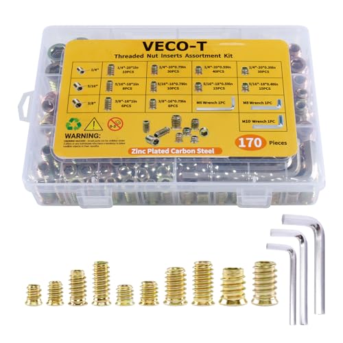 170 PCS Threaded Inserts for Wood Assortment Kit - 10 Sizes (1/4"-20, 5/16"-18, 3/8"-16) with M6/M8/M10 Hex Wrenches - Steel Inserts for Furniture Screws, Wood Furniture & Cabinet M LMTJ001 golden