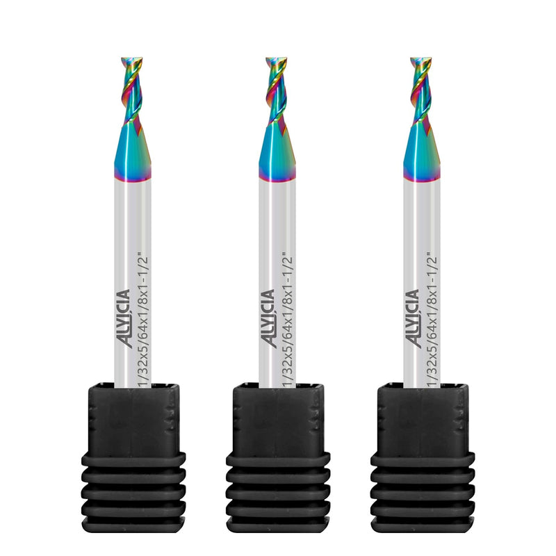 3pcs 1/32" Tungsten Carbide Micro End Mills for Aluminum & Copper Alloys, 2-Flute DLC Coated Endmills Set CNC Milling Bits - HRC55 3 1/32 in