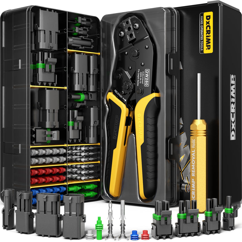 Weather Pack Connectors Crimping Tool Kit, 1–4 Pin Automotive Connector Set with Ratcheting Crimper 22–12 AWG & Extraction Tool, for Harness Repair, Compatible with Delphi/Aptiv Weather Pack 1-4 Pin | 22-12 AWG