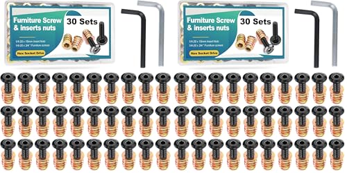 Twidec/30 Sets 1/4-20x15mm Threaded Inserts for Wood Furniture Screw Nut Kit Bolt Fastener Connector with 1/4-20x20mm Screw-in Nuts and Hex Wrench N-083-30set (Pack of 2)