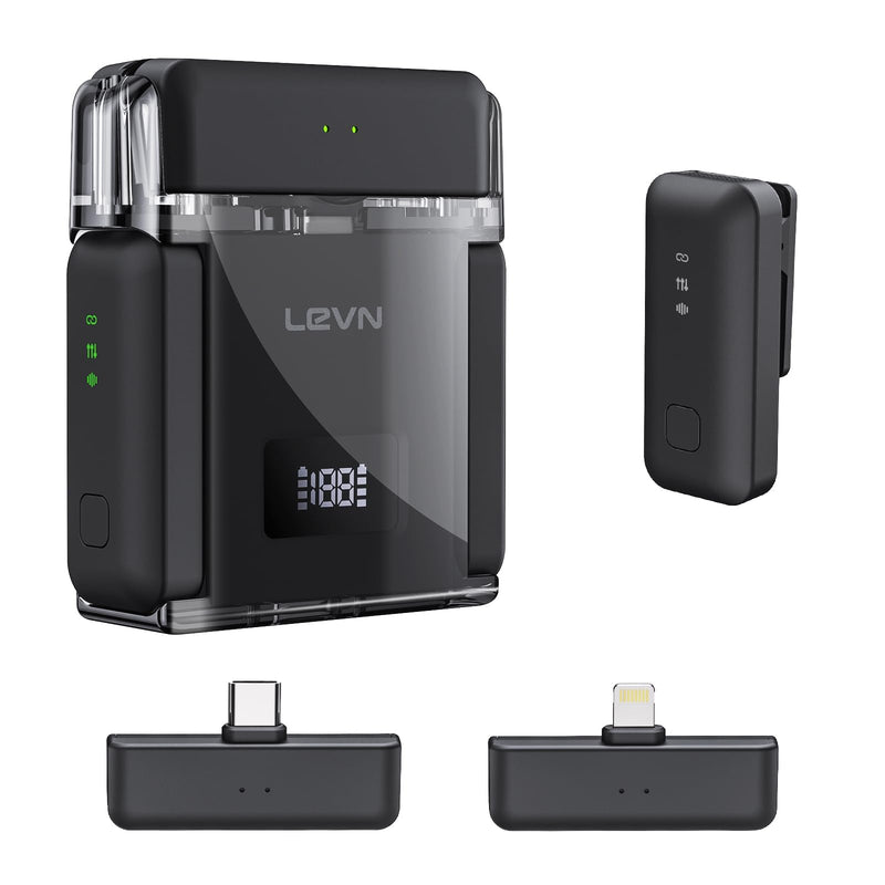 LEVN Wireless Microphone for iPhone/Android/PC, USB-C/Lightning Plug & Play, AI Noise Cancel, 328ft Range, 30H Battery Life with Charging Case, iPhone Microphone for TikTok, YouTube, Vlogging Black