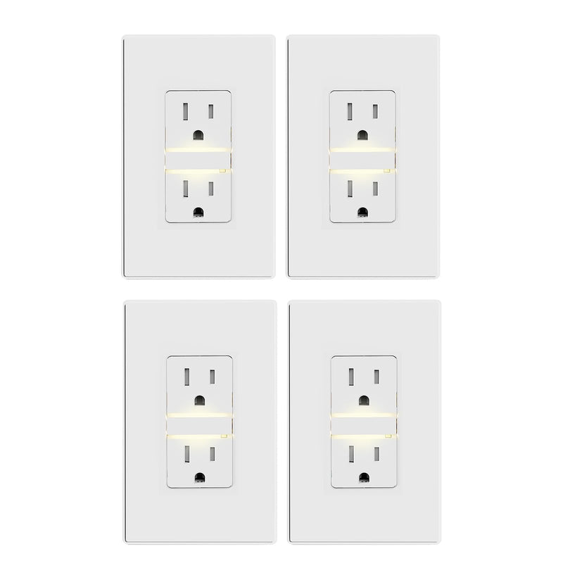 ELEGRP Decorative Outlet Night Light, Electrical Wall Outlets with Built in Led Guidelight 3000K, Tamper Resistant Receptacle, 15 Amp 125 Volt, Plate Cover Included, Matte White, 4 Pack Wall Plate Included Warm White