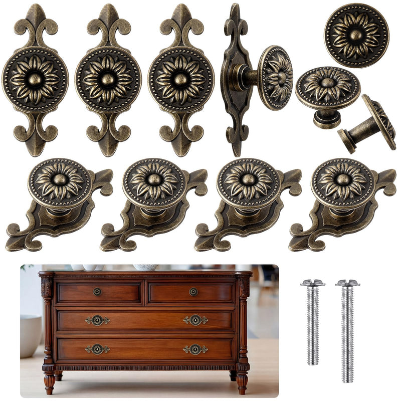 10 Pcs Antique Brass Cabinet Knobs Vintage Retro Drawer Knobs with Backplate Flower Shape Metal Dresser Pull Handles for Kitchen Cupboard Wardrobe Cabinet(Sunflower) Sunflower