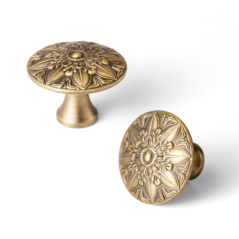 6 Pack Brushed Brass Bronze Cabinet Knobs, Vintage Mandala Drawer Pulls, Solid Zinc Alloy Retro Starburst Door Handles for Kitchen Cupboard, Dresser, Wardrobe, Bathroom Vanity Hardware