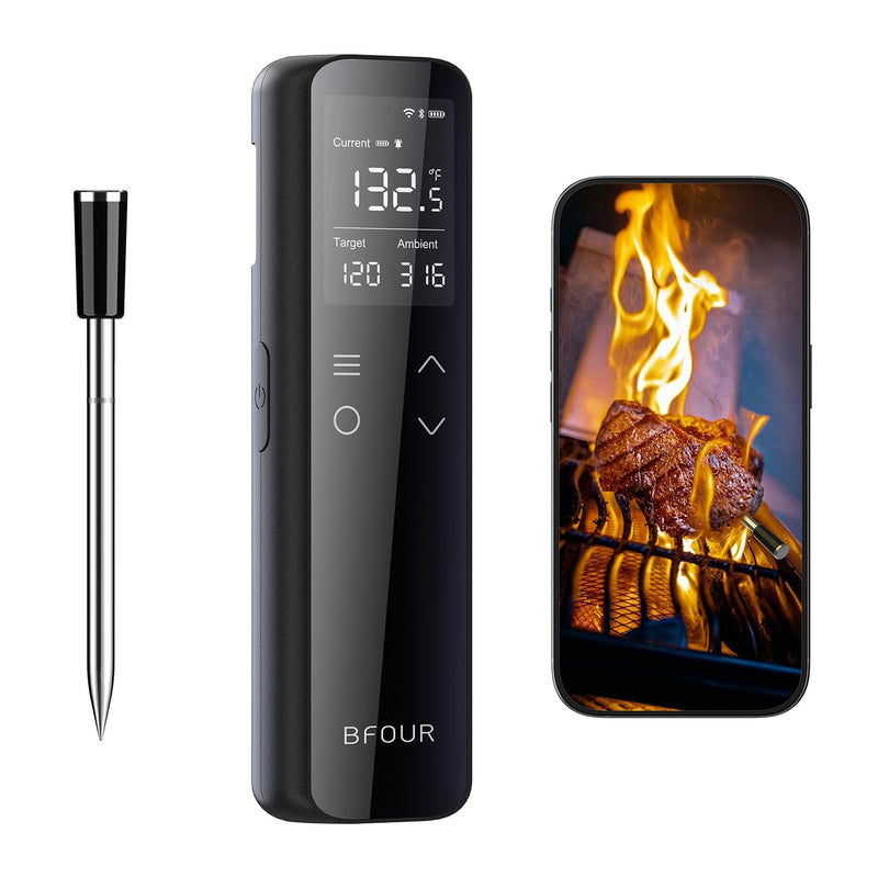 BFOUR WiFi Smart Wireless Meat Thermometer with Standalone Display Base, Bluetooth Food Meat Thermometer with App Control, Internal Ambient Sensor Probes for Cooking, BBQ, Oven, Grill, Smoker