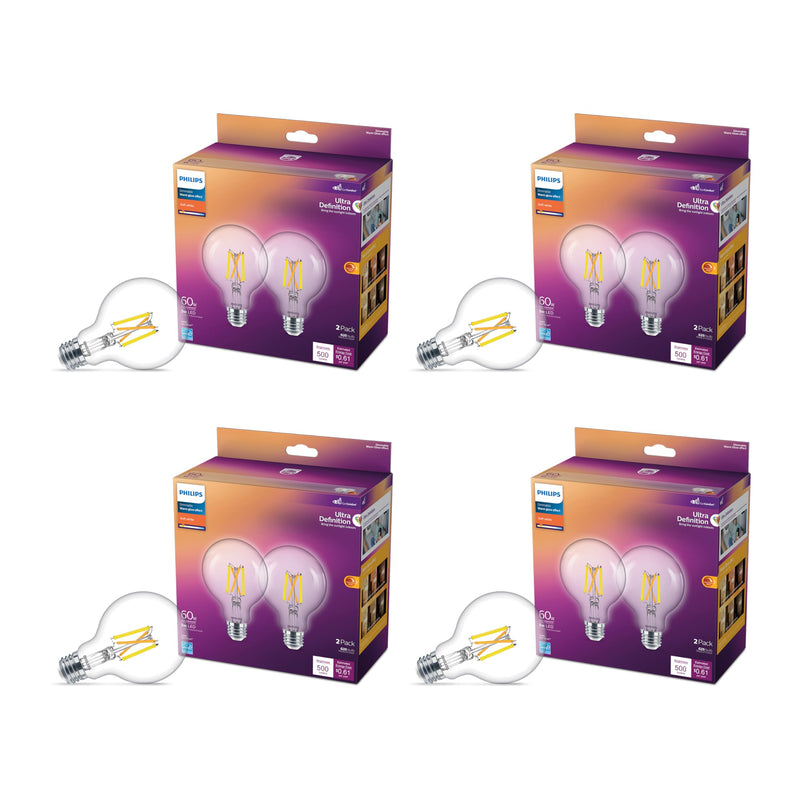 Philips LED 60W G25 8-Pack Ultra Definition Soft White (5W = 65W) Dimmable Clear Flicker-Free Light Bulb