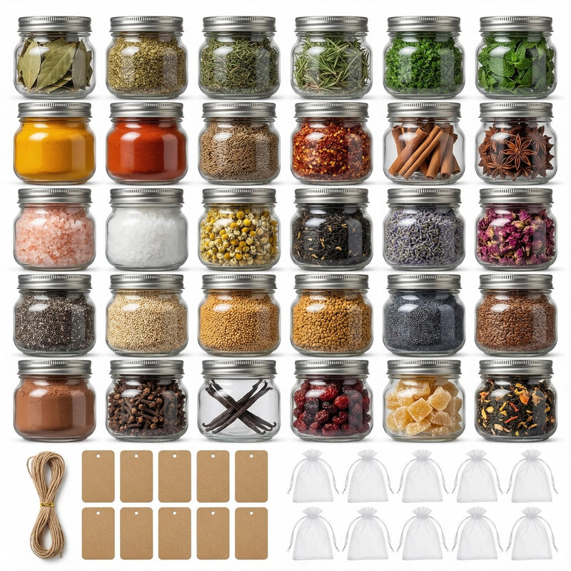 8 oz Mason Jars with Airtight Silver Lids - 30 Pack Small Glass Jars Set with Labels, Twine & Mesh Bags - Wide Mouth Canning Jars for Party Favors, Baby Shower, Wedding & Bulk Crafts 8oz-30pack