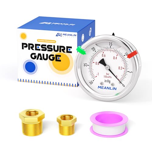 MEANLIN MEASURE -30inHG~0Psi Vacuum Gauge Stainless Steel Liquid Filled 1/4" NPT 2" FACE DIAL for Air Compressor HVAC Negative Pressure Hand Pump Pool Center Back Mount with Hex Bushing and 2PCS Snaps -30inHG-0Psi