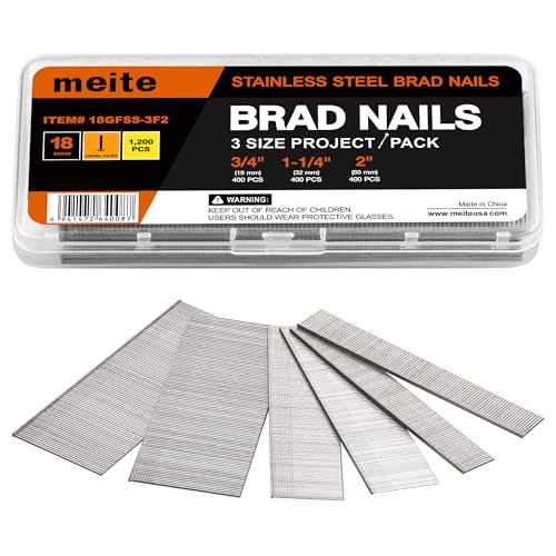 meite 18 Gauge Stainless Steel Brad Nails, Assortment Kit 3 Sizes (3/4", 1-1/4", 2-Inch) Finish Nails for Pneumatic, Electric 18GA Brad Nail Gun Nailer, Multi-Project Pack 1,200-Count Assorted 3 Sizes (1200 PCS) 1 Box