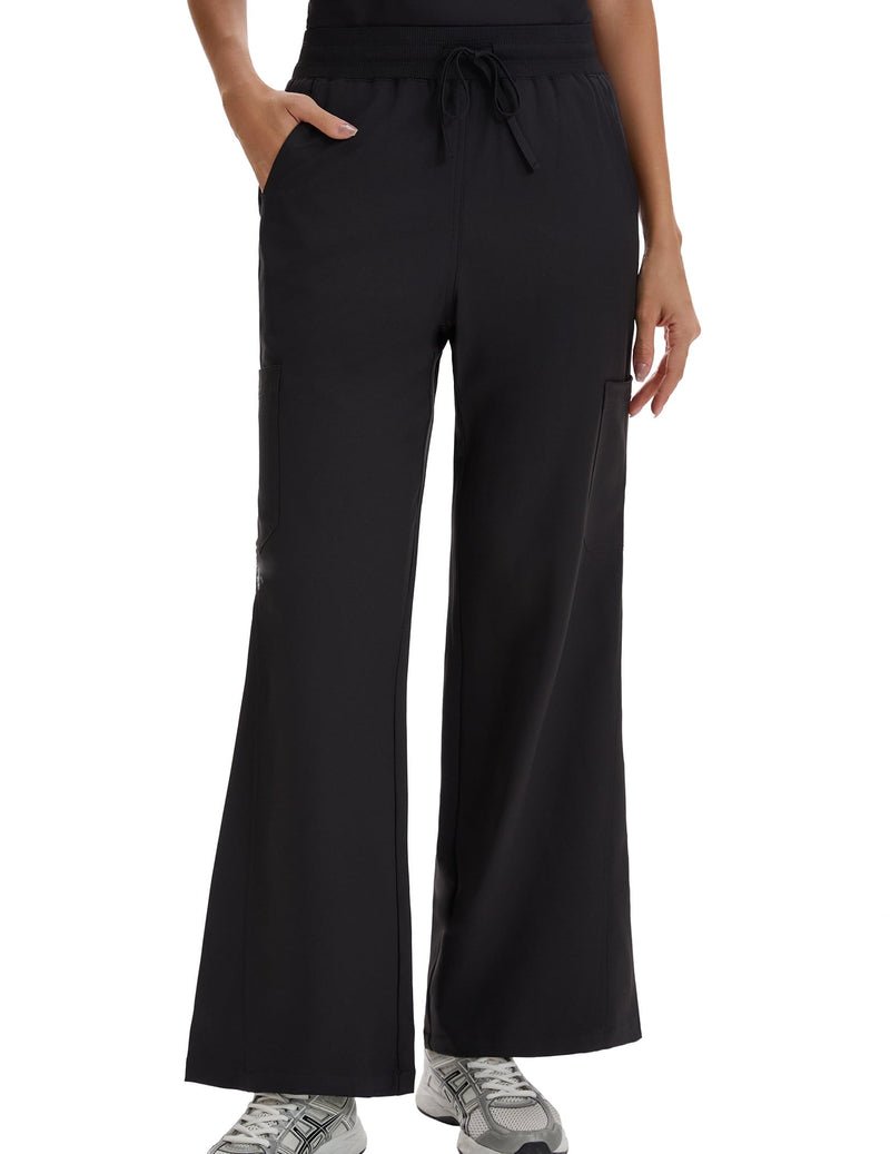 VECARDI Scrub Pants for Women High Rise Four Way Stretch Flare Yoga Cargo Pants with 6 Pockets Large Black