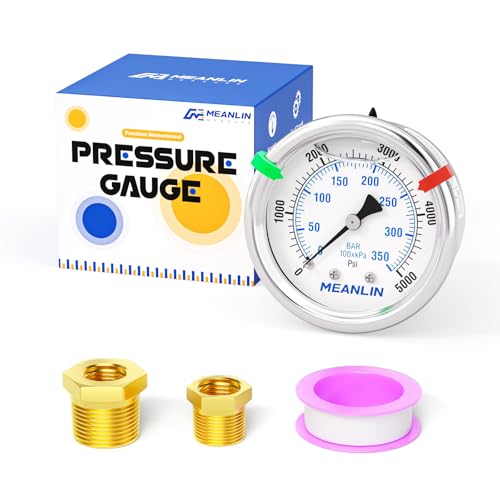 MEANLIN MEASURE 0~5000Psi Liquid Filled Pressure Gauge Stainless Steel 1/4" NPT 2" FACE DIAL for WOG Water Oil Air Center Back Mount, with Hex Bushing and 2PCS Snaps 0-5000Psi