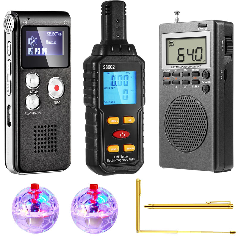7 in 1 Ghost Hunting Equipment Kit Include 1 EMF Meter 1 Hand Held Radio 2 LED Light Cat Ball 1 Digital EVP Voice Recorder 2 Dowsing Rods Ghost Investigation Paranormal Equipment