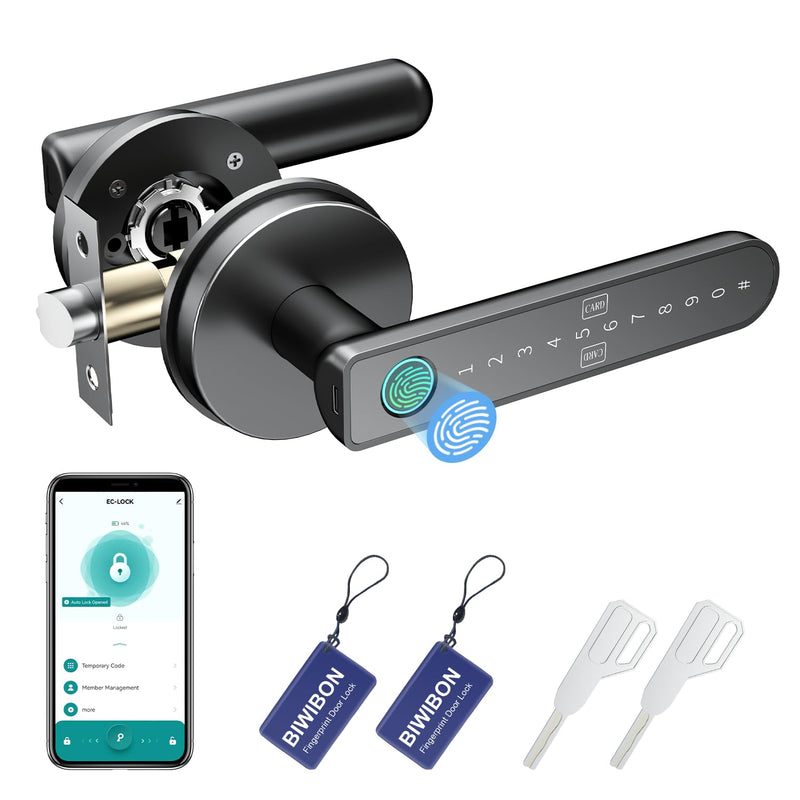 BIWIBON Fingerprint Door Lock – Fingerprint Door Knob with 5 Unlock Options, Anti-Peep Code, Adjustable Auto-Lock, Inside Lock, for Home, Office, Apartment, Bedroom – Black Black 03