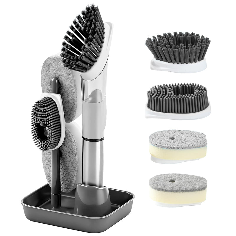 Soap Dispensing Scrub Brush - 4-in-1 Kitchen Cleaning Brush with Built-in Tank, Scraper Heads for Stubborn Grime on Pots Pans, Stand/Hang Storage-Grey 5 Gray