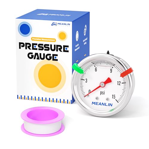 MEANLIN MEASURE 0~15Psi Stainless Steel Liquid Filled Pressure Gauge, 1/8" NPT 1.5" Luminous Dial, Glycerin Filled for Water Oil Air Center Back Mount with 2PCS Snaps 0-15Psi