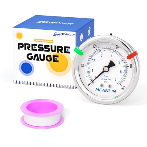 MEANLIN MEASURE 0~100Psi Stainless Steel Liquid Filled Pressure Gauge, 1/4" NPT 2.5" Luminous Dial, Glycerin Filled for WOG Water Oil Air Center Back Mount with 2PCS Snaps 0-100Psi