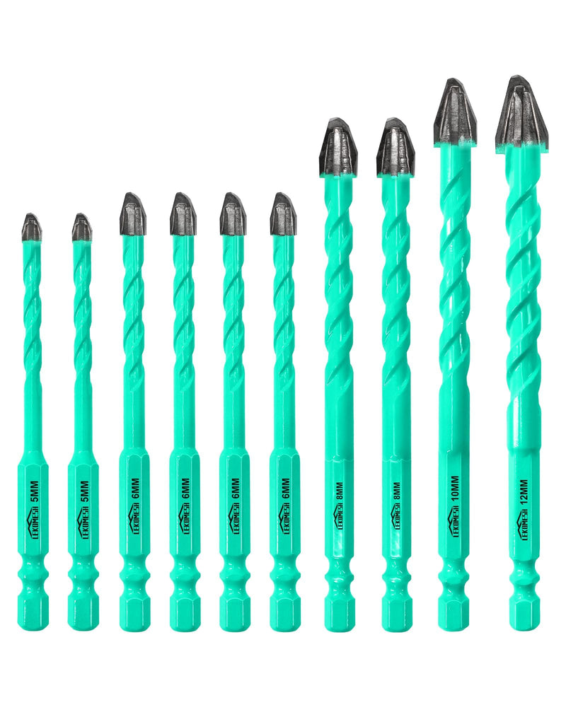 10PCS Carbide Masonry Drill Bit Set, 3/16"–1/2", 4-Cross 9-Edge Tip for No Walking & Precise Drilling, Hex Shank Multi-Material Bits for Tile, Ceramic, Brick, Concrete, Glass, Wood 3/16"*2+1/4"*4+5/16"*2+3/8"+1/2" 10