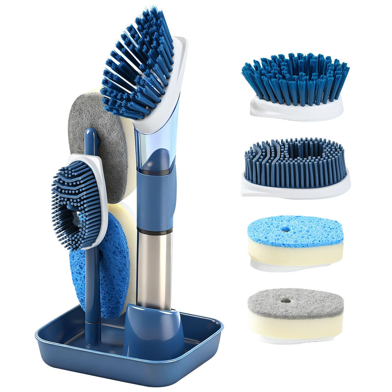 Soap Dispensing Scrub Brush - 4-in-1 Kitchen Cleaning Brush with Built-in Tank, Scraper Heads for Stubborn Grime on Pots Pans, Stand/Hang Storage-Blue 5 Blue