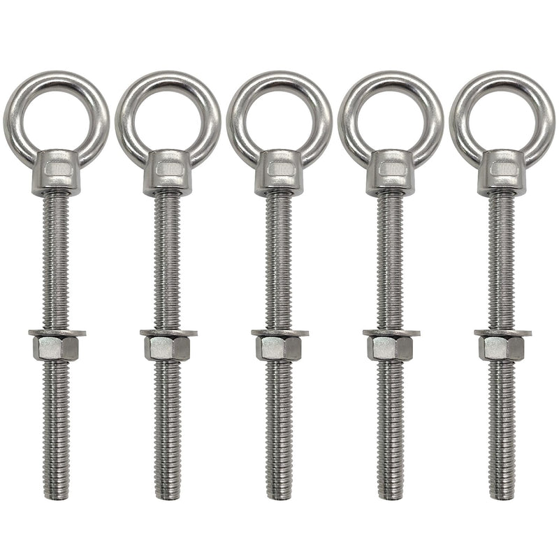 1/2" x 6" Eye Bolts, Marine Grade Heavy Duty 304 Stainless Steel Threaded Shoulder Eyebolts with Washers＆Nuts (5 Pack) 1/2" x 6" 5