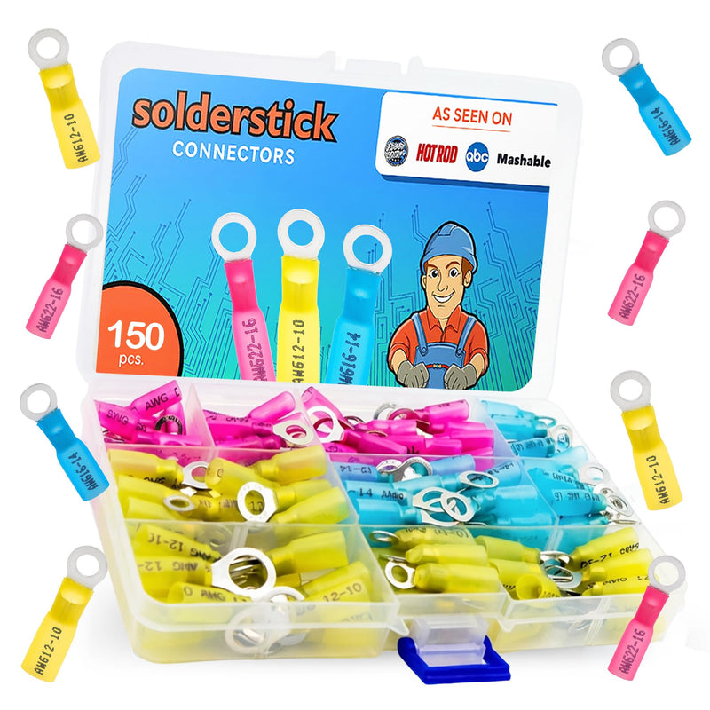 Solder Stick 150 Pieces Waterproof Ring Terminals Kit, Dual-Wall Heat Shrink Tubing with Copper Barrels, Heat Shrink Wire Connectors for Electrical Wire Connectors, Auto Marine Wiring Connector Kit
