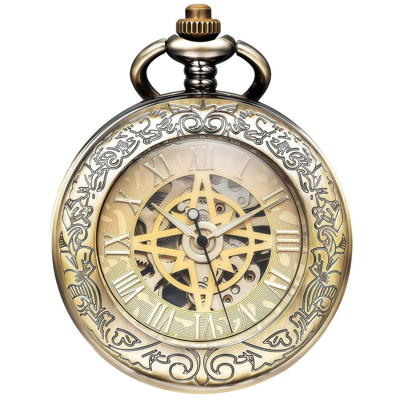 Mechanical Pocket Watch, for Men Women Special Magnifier Half Hunter Engraved Case Roman Numerals with Chain B-a. Compass, Bronze, Gold
