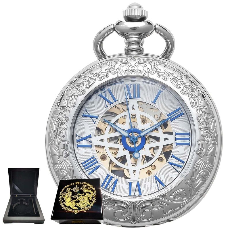 Mechanical Pocket Watch, for Men Women Special Magnifier Half Hunter Engraved Case Roman Numerals with Chain B-f. Compass, Silver, Blue + Wood Box