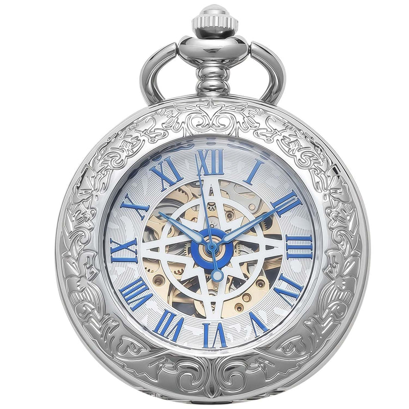 Mechanical Pocket Watch, for Men Women Special Magnifier Half Hunter Engraved Case Roman Numerals with Chain B-c. Compass, Silver, Blue