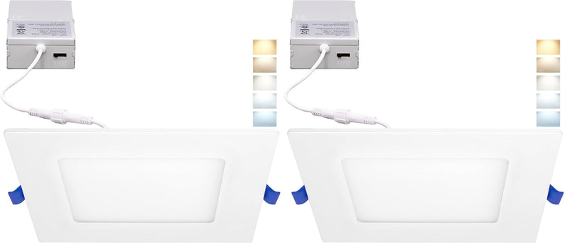 Maxxima 4 in. Square 5CCT Ultra Thin Recessed LED Downlight, 750 Lumens Slim Canless, IC Rated, 5 Color Temperature Selectable 2700K/3000K/3500K/4000K/5000K, Dimmable, J-Box Included (Pack of 2) Single Pack (Pack of 2)