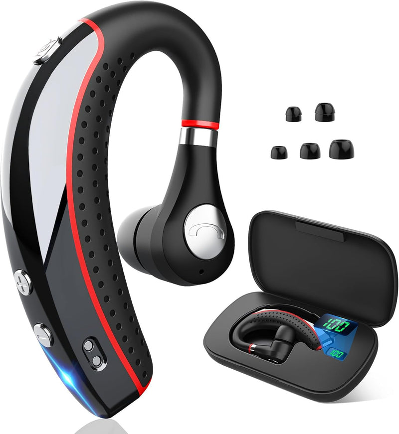 Bluetooth Headset V5.3, Wireless Earpiece with Mic for Work | 72H Playtime 500mAh Charging Case, Hands-Free Calling with Mute Button for Trucker Office Driving, with iPhone Android Red